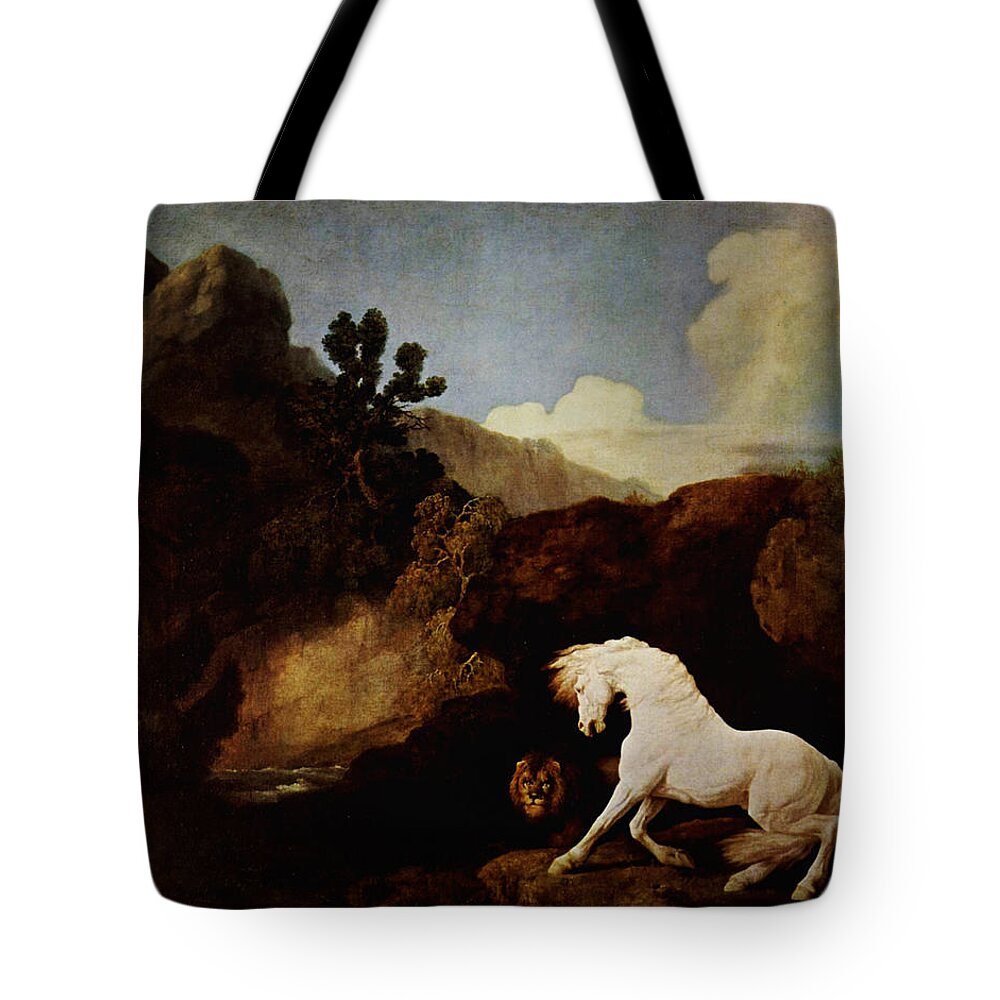 Horse Frightened By A Lion Tote Bag featuring the painting Horse Frightened by a Lion #1 by Celestial Images