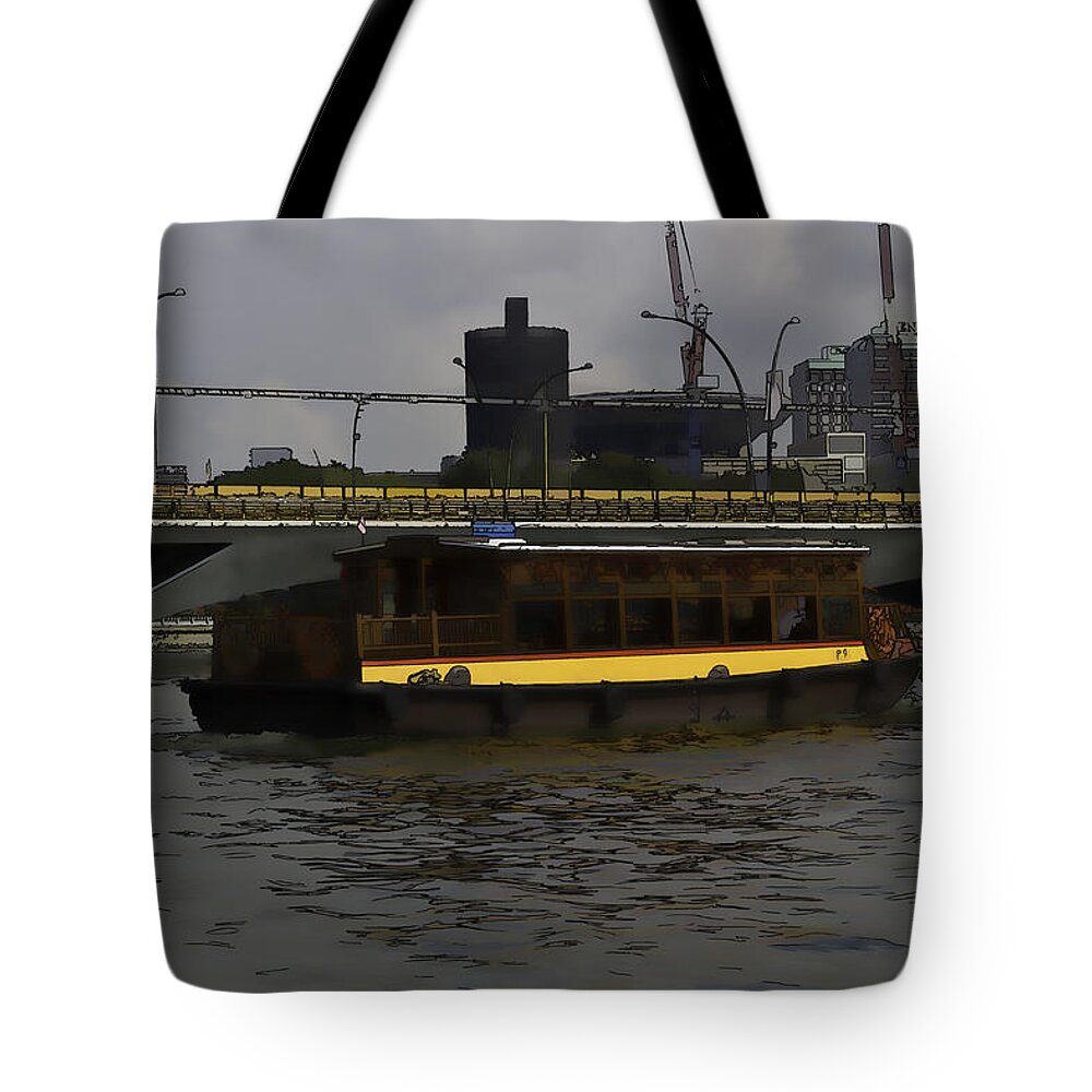 Action Tote Bag featuring the digital art Cartoon - Colorful river cruise boat in Singapore #1 by Ashish Agarwal