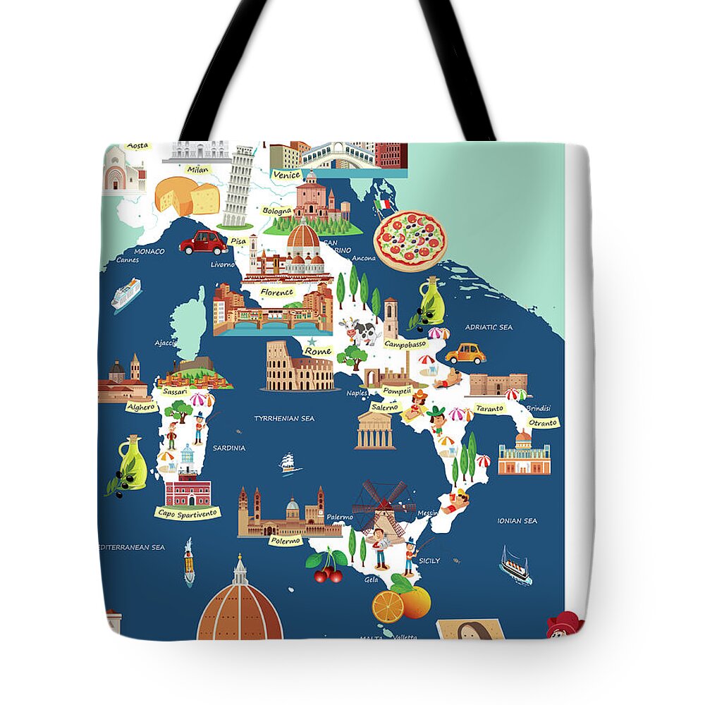 Adriatic Sea Tote Bag featuring the digital art Cartoon Map Of Italy by Drmakkoy
