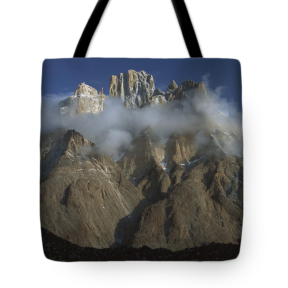 Feb0514 Tote Bag featuring the photograph Cathedral Peaks At Dawn Pakistan #1 by Colin Monteath