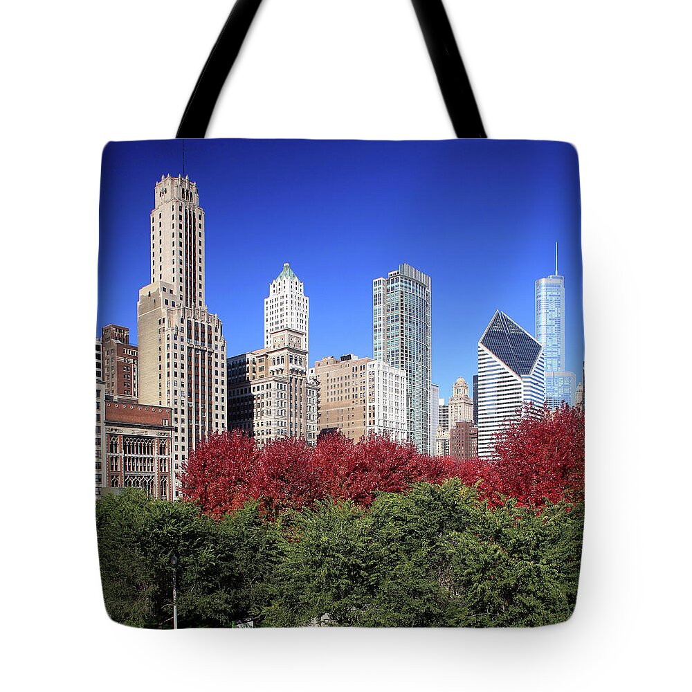 Downtown District Tote Bag featuring the photograph Chicago Skyline And Millennium Park #1 by Hisham Ibrahim