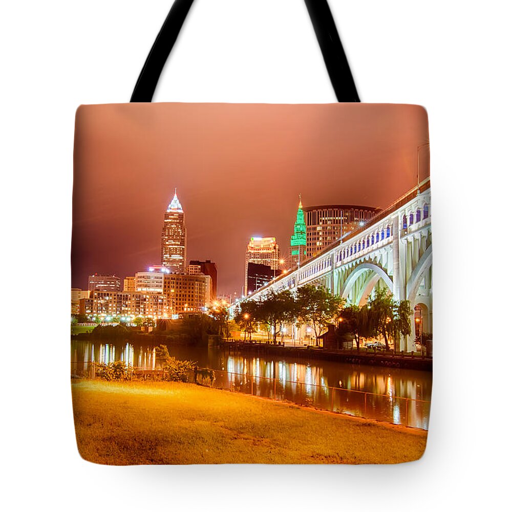 Ohio Tote Bag featuring the photograph Cleveland downtown at night #1 by Alex Grichenko