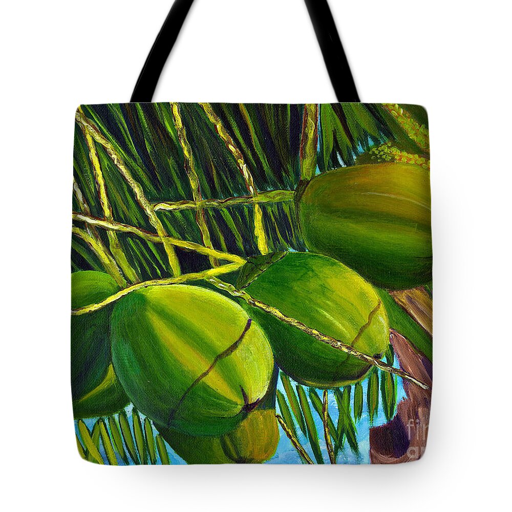 Coconuts Tote Bag featuring the painting Coconuts at sunset by Laura Forde