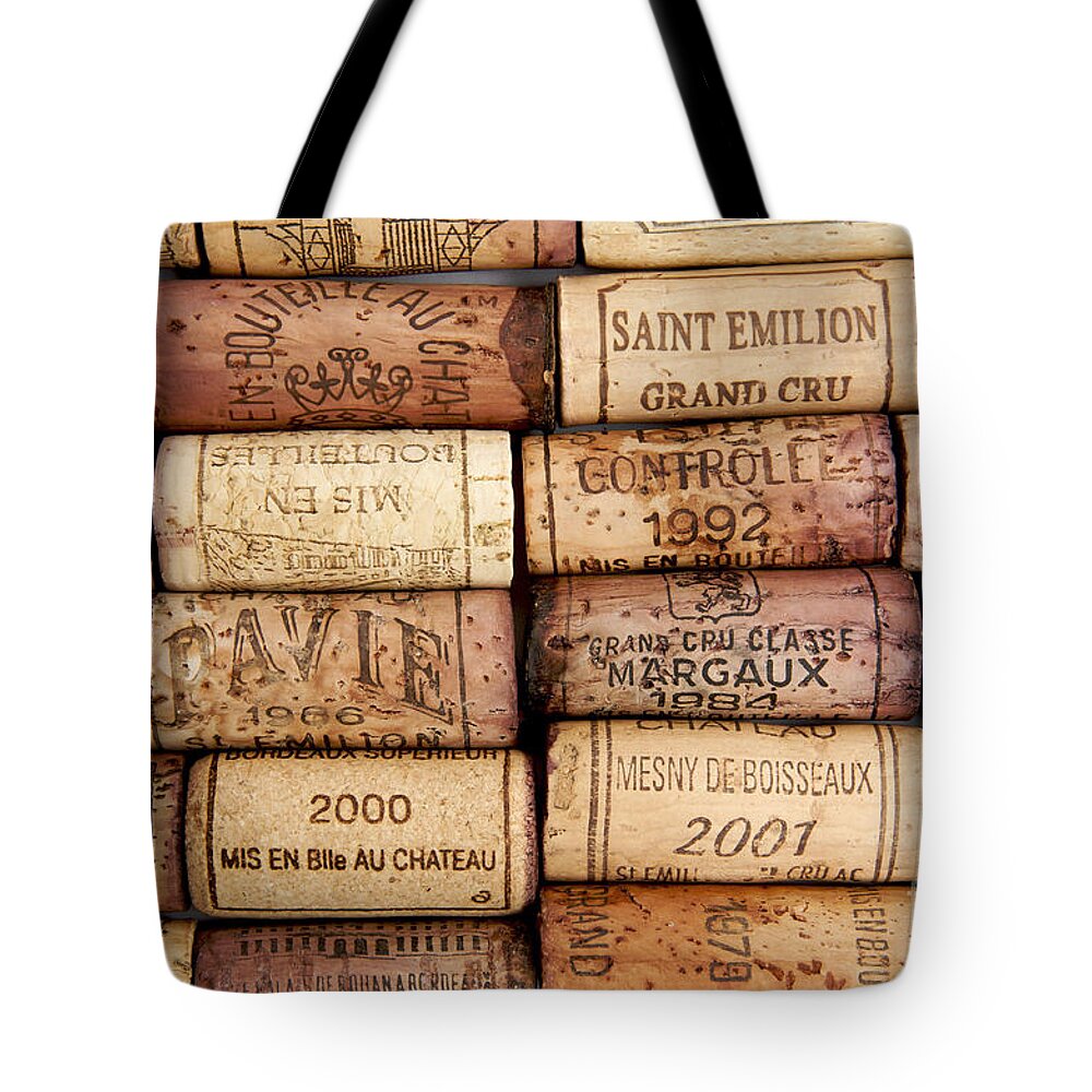 Vertical; Concept; French Wine; Wine; Vintage Wine; A Great Wine; Wine Growing; Heartland; Alcohol; Cork; Vintage; Many; Several; Red Wine; Old; To Drink; Liquid; Pleasure; Enjoyment; Grand Cru; Wine Tasting Session; To Taste; Way Of Life Tote Bag featuring the photograph Corks #1 by Bernard Jaubert