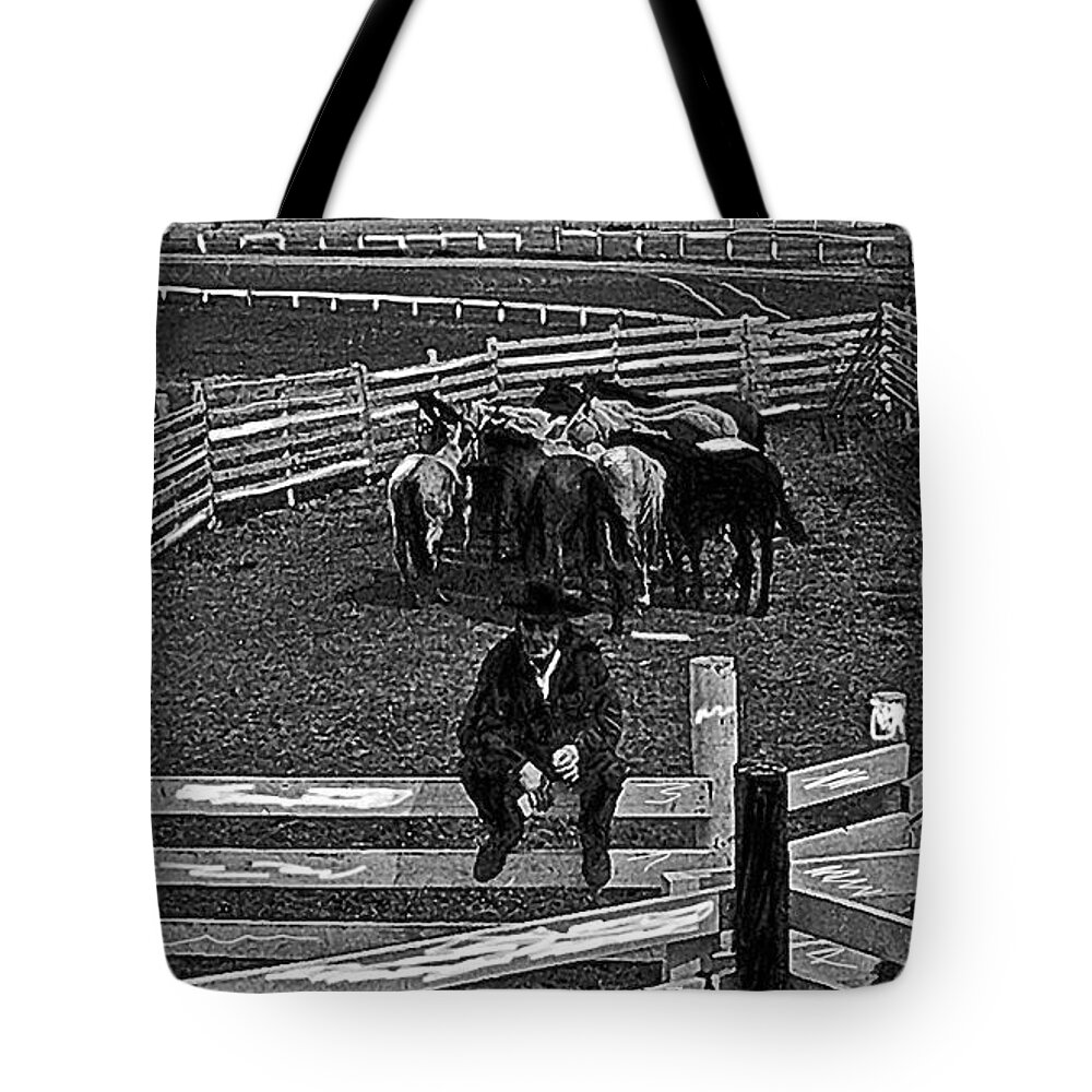 Cowboy Huddled Horses Fences Aberdeen South Dakota 1965 Drawing Added 2010 Tote Bag featuring the photograph Cowboy huddled horses fences Aberdeen South Dakota 1965 drawing added 2010 #1 by David Lee Guss