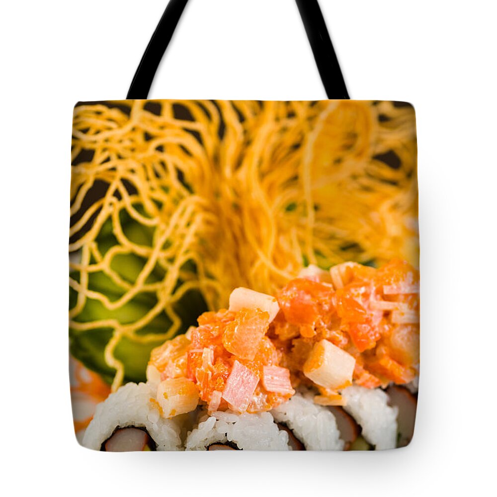 Asian Tote Bag featuring the photograph Crab and Salmon Roll by Raul Rodriguez