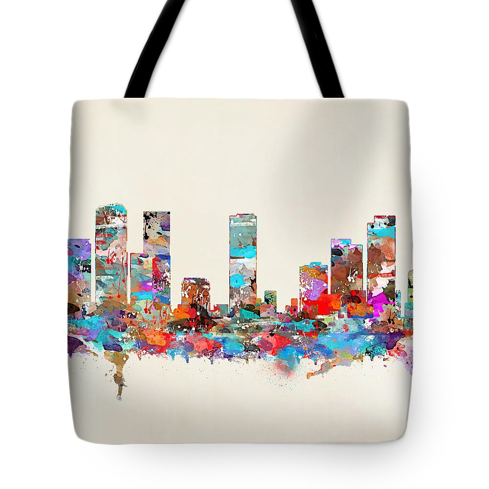 Denver City Colorado Skyline Tote Bag featuring the painting Denver Colorado Skyline by Bri Buckley
