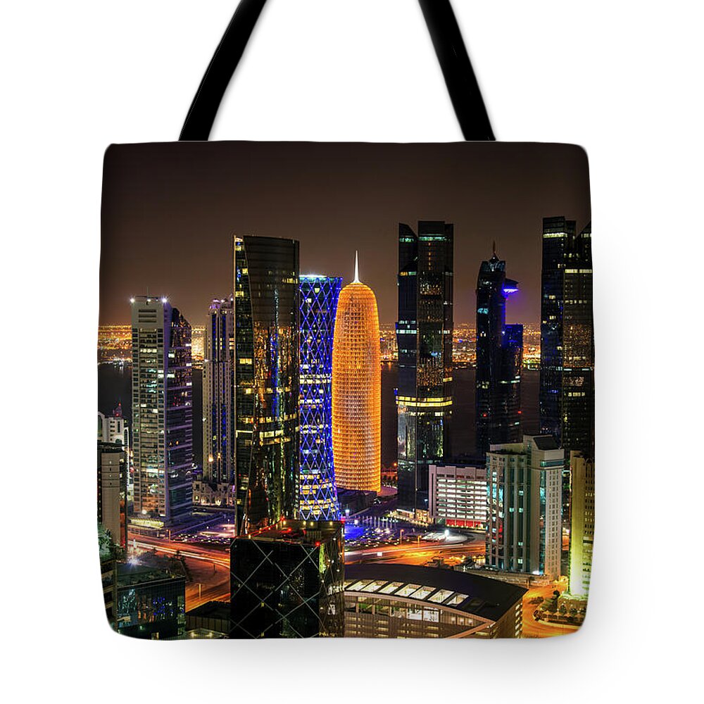 Arabia Tote Bag featuring the photograph Doha By Night, Qatar #1 by Mlenny