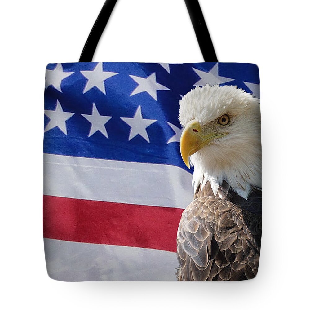 Eagle Tote Bag featuring the photograph Eagle and Flag #1 by Alan Hutchins