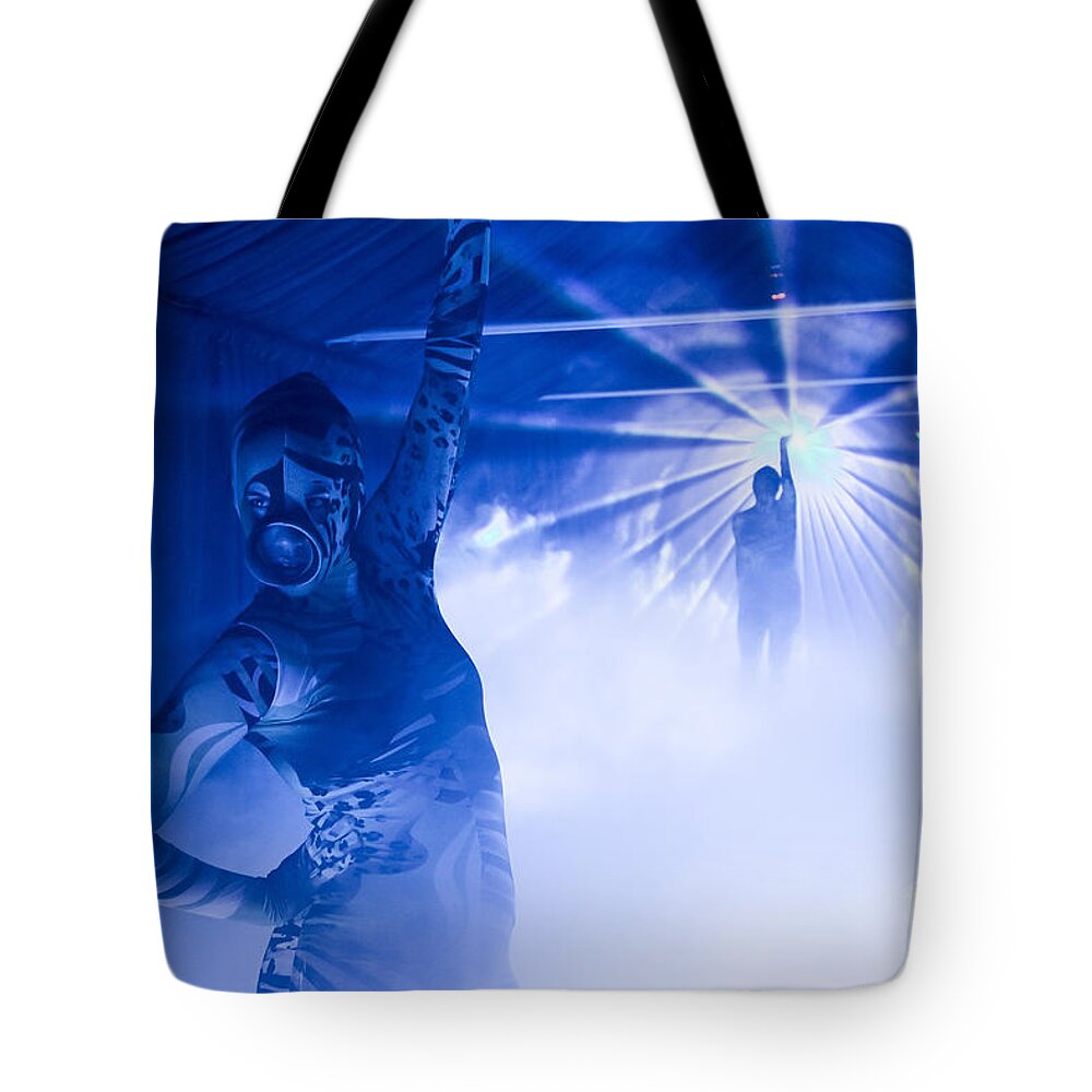 Blue Tote Bag featuring the photograph Exotic dancer in blue #1 by Sv