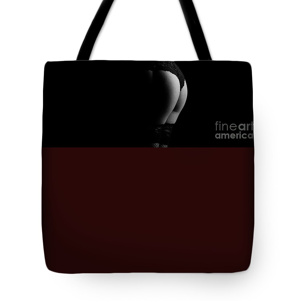 Woman Tote Bag featuring the photograph Female nude from behind with red fabric by Jelena Jovanovic