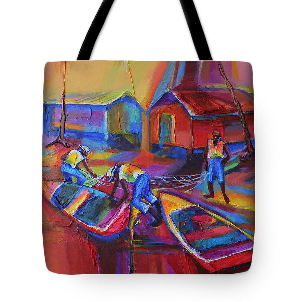 Abstract Tote Bag featuring the painting Fishing Village by Cynthia McLean