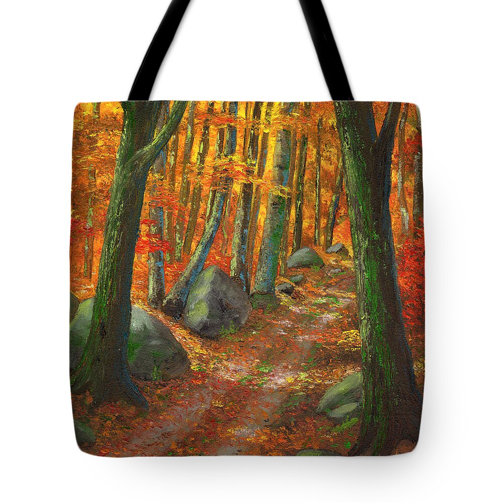 Road In The Woods Tote Bag featuring the painting Forest Light #1 by Frank Wilson