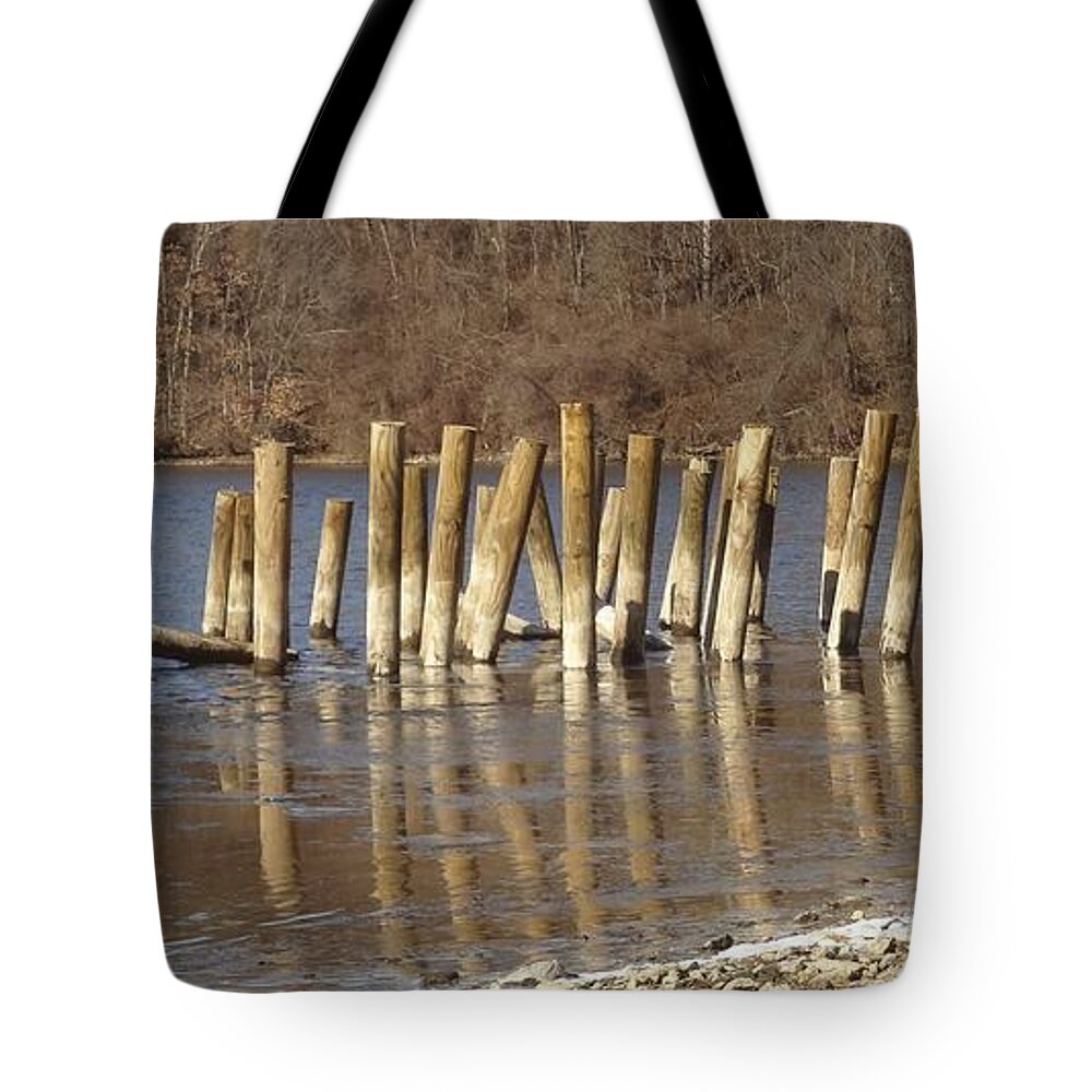 Water Tote Bag featuring the photograph Frozen pilings #1 by Michael Porchik