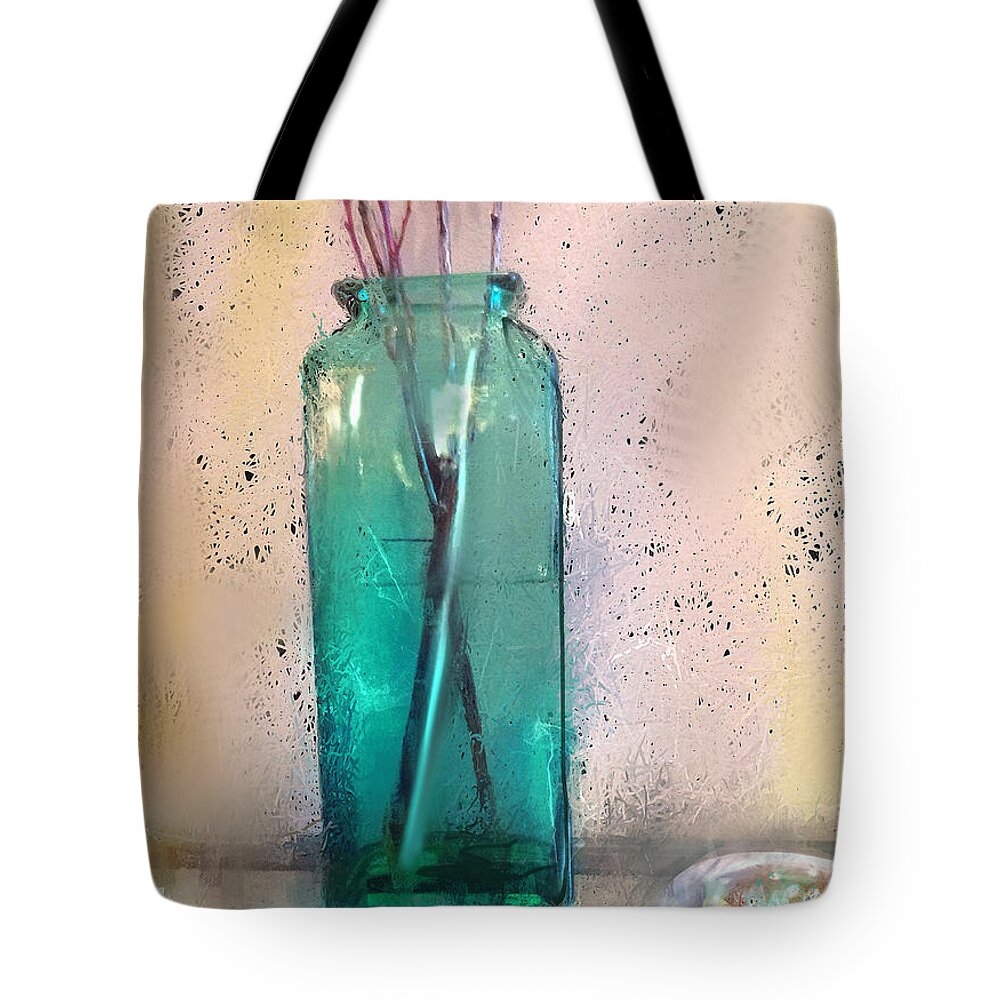 Vase Tote Bag featuring the mixed media Green Vase #1 by Russell Pierce