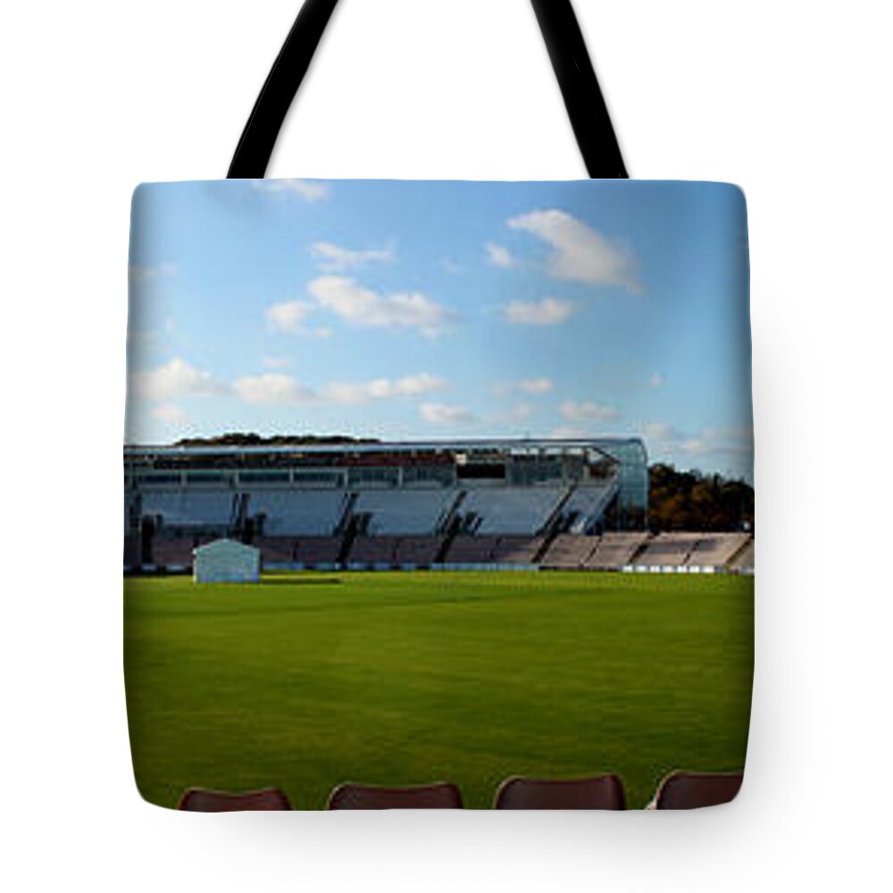 Hampsgire County Cricket Club Tote Bag featuring the photograph Hampshire County Cricket Ground Panorama by Terri Waters