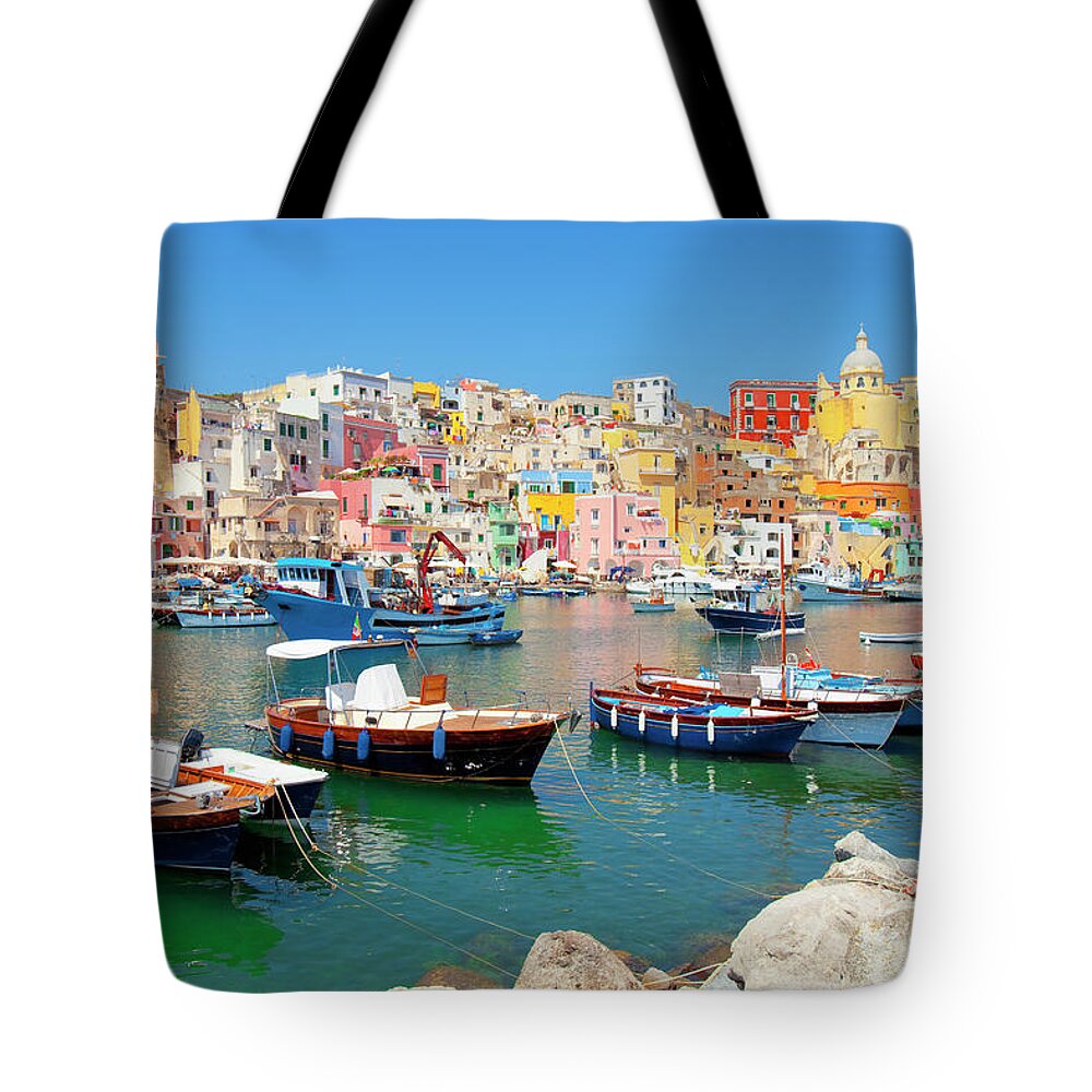 In A Row Tote Bag featuring the photograph Italy, Procida Island, Corricella #1 by Frank Chmura