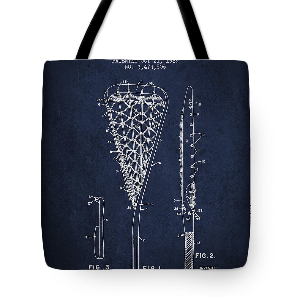 Lacrosse Tote Bag featuring the digital art Lacrosse Stick Patent from 1970 - Navy Blue #1 by Aged Pixel