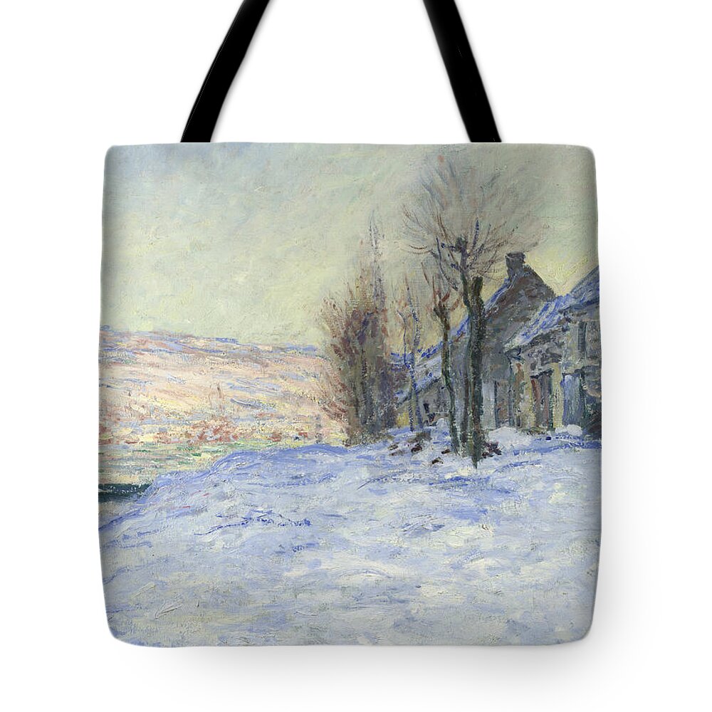 Claude Monet Tote Bag featuring the painting Lavacourt under Snow #4 by Claude Monet
