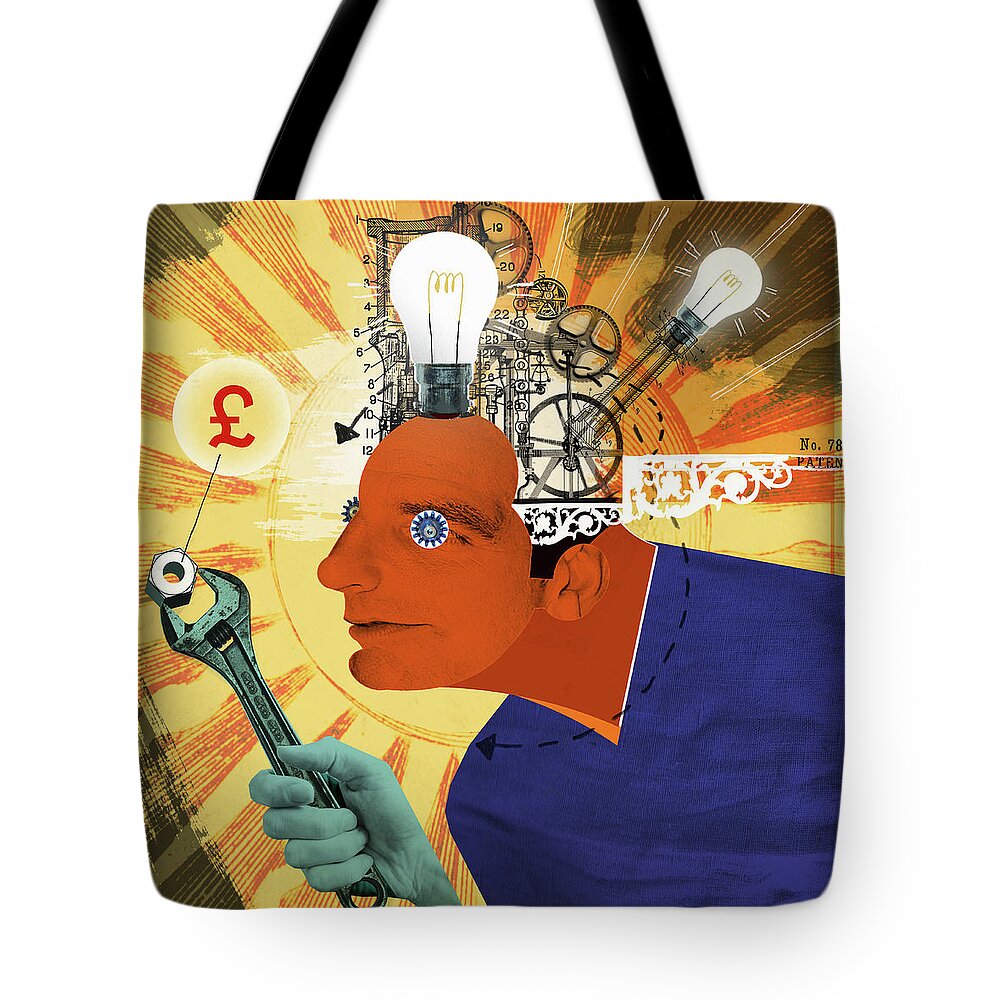 30-35 Tote Bag featuring the photograph Light Bulbs And Cogs Inside Of Head #1 by Ikon Ikon Images