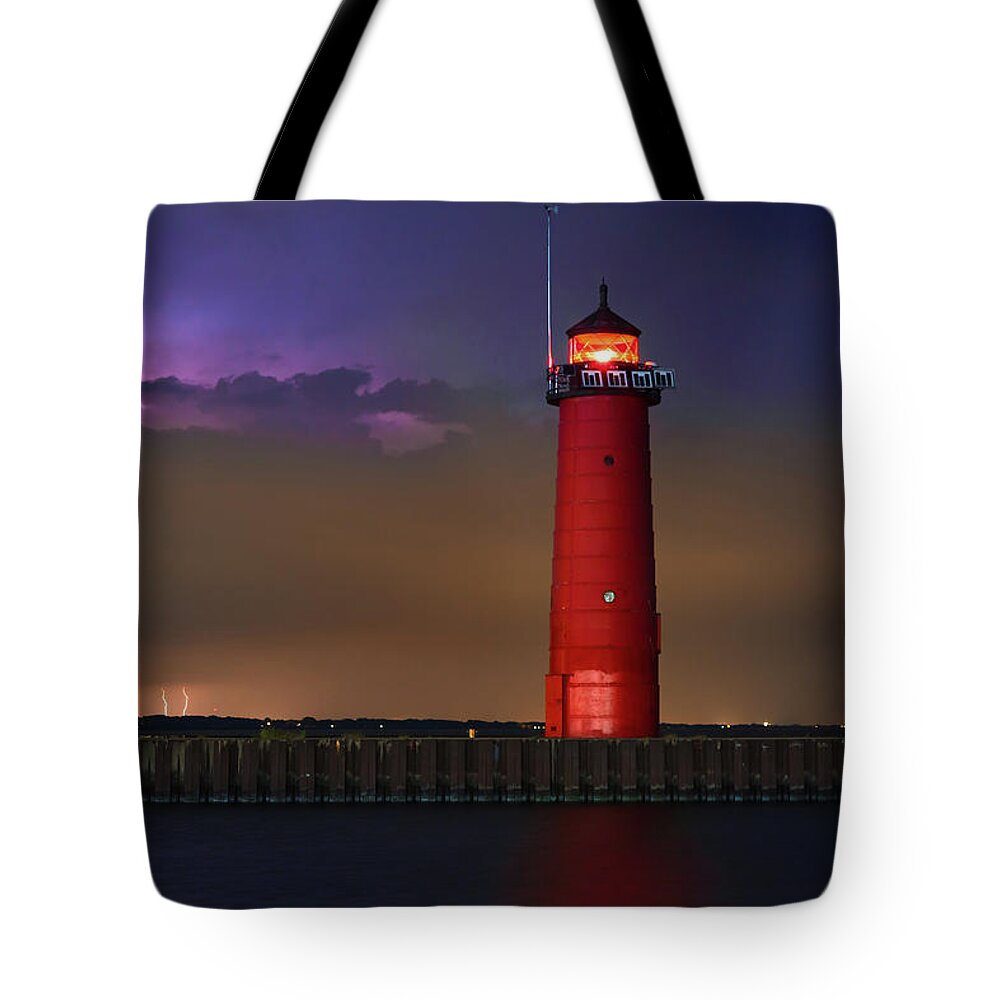 Lake Michigan Tote Bag featuring the photograph Lighthouse Lightning #1 by Kenneth keifer