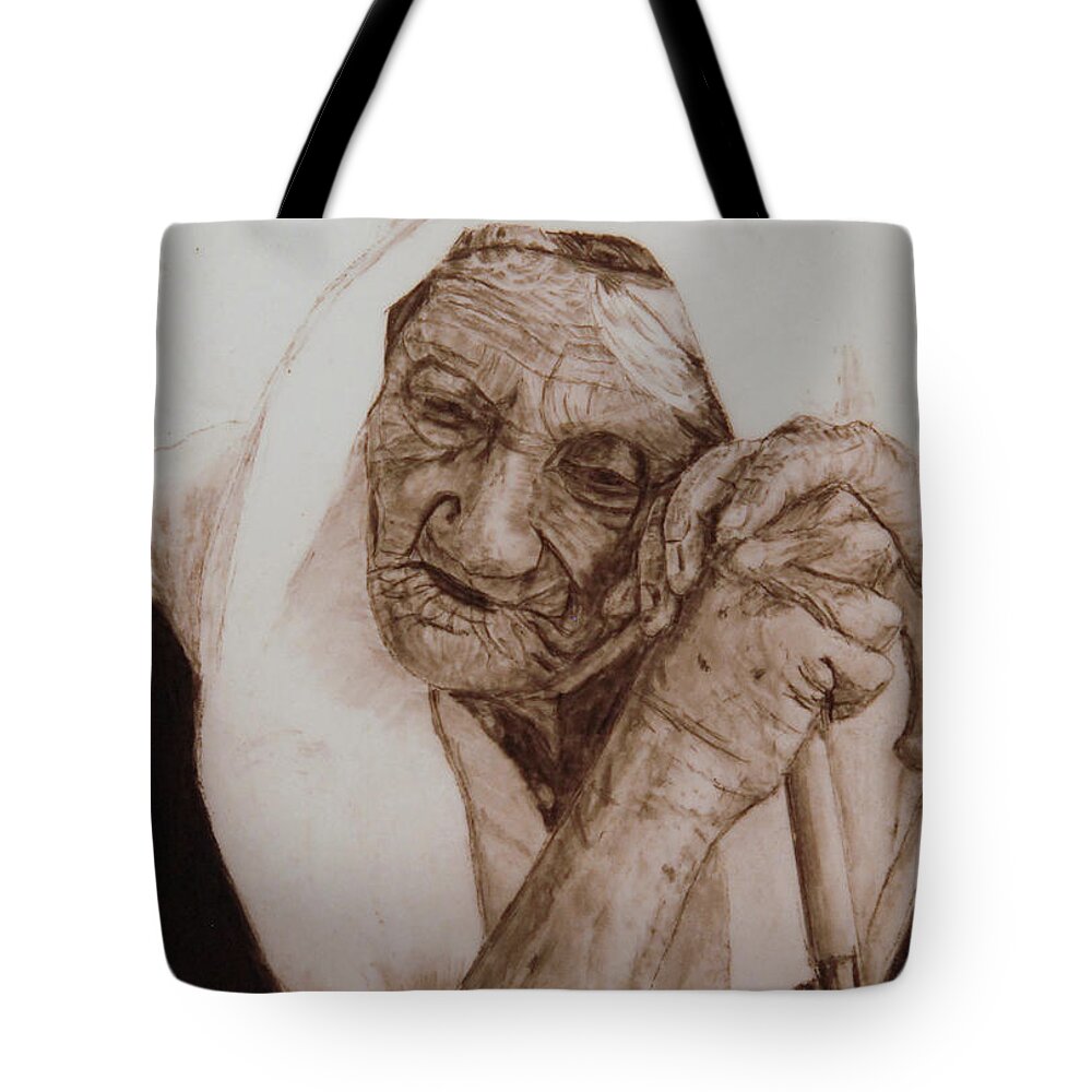 Old Woman Tote Bag featuring the drawing Loneliness by Quwatha Valentine