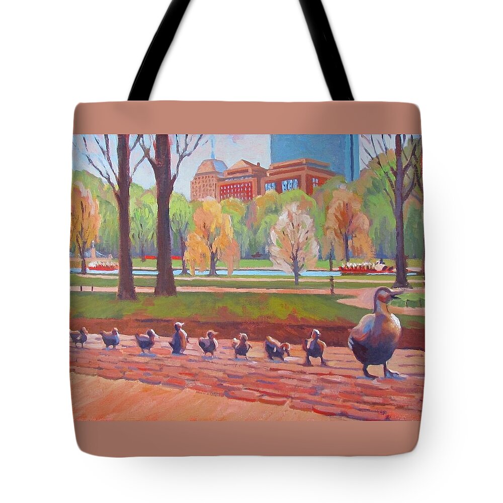 Boston Tote Bag featuring the painting Make Way for Ducklings #1 by Dianne Panarelli Miller