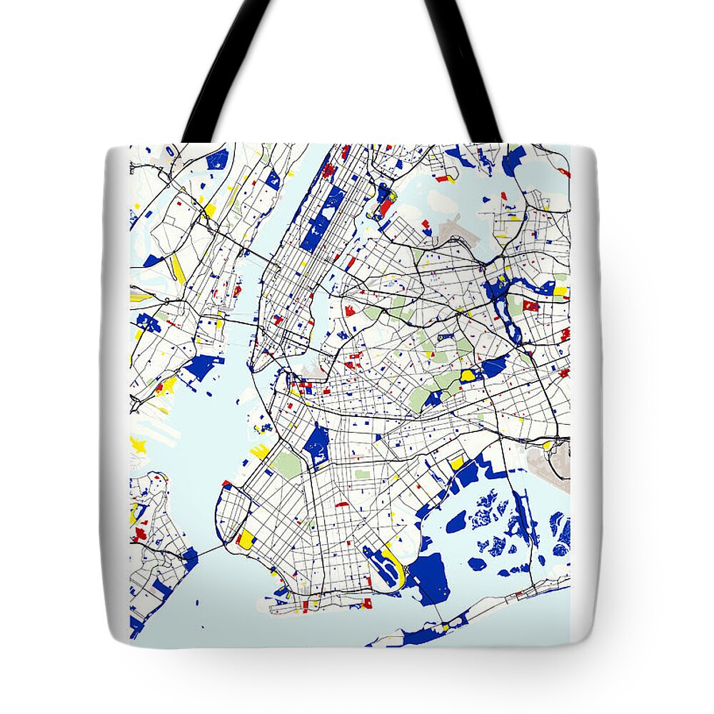 Piet Mondrian Tote Bag featuring the digital art Map of New York in the style of Piet Mondrian #1 by Celestial Images