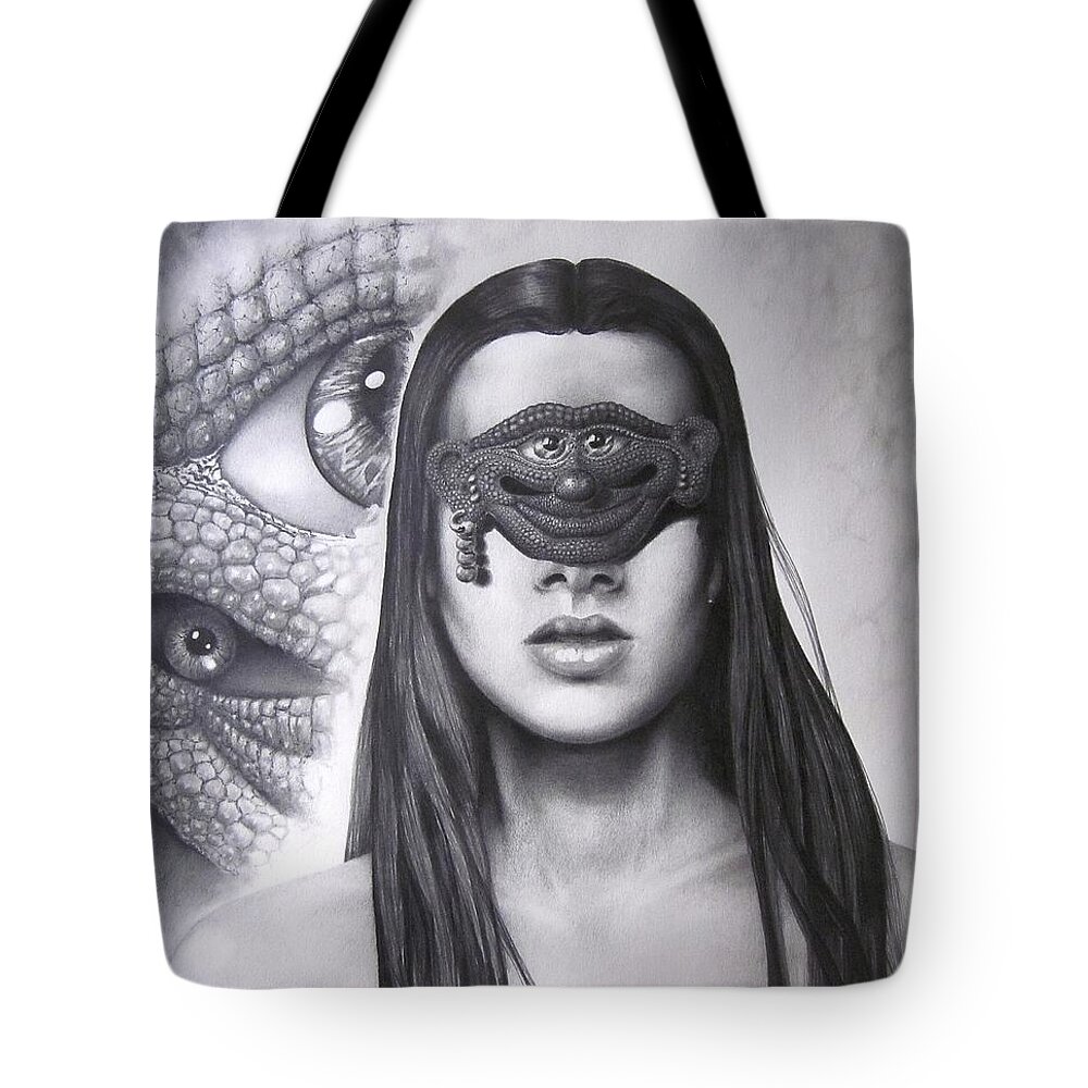 Drawing Surrealism Drawing Tote Bag featuring the drawing Masked Beauty #1 by Geni Gorani