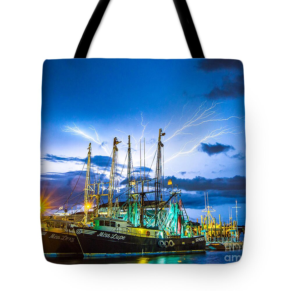 Lightning Tote Bag featuring the photograph Masts Electrified by Stephen Whalen