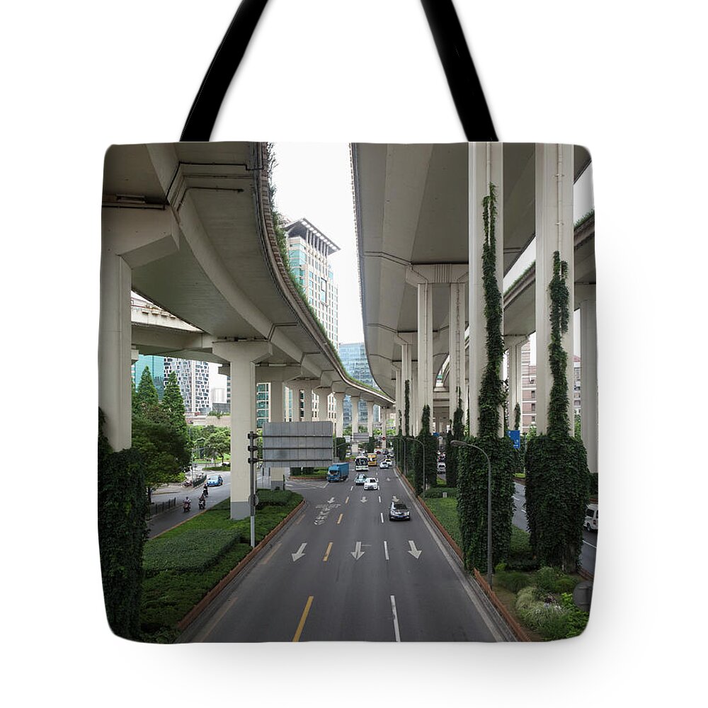 Underpass Tote Bag featuring the photograph Multiple Lane One Way Street In #1 by Patrick Strattner