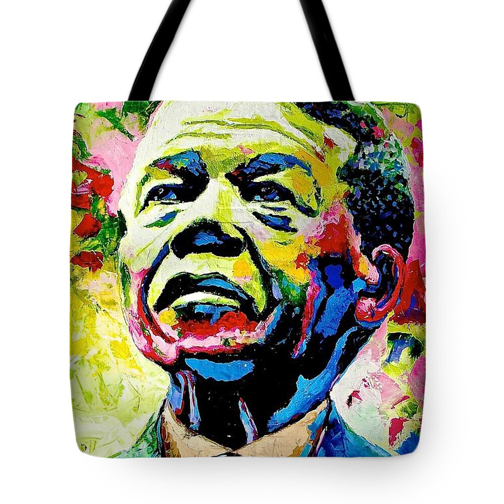 Evans Yegon Tote Bag featuring the painting Nelson Mandela #1 by Evans Yegon
