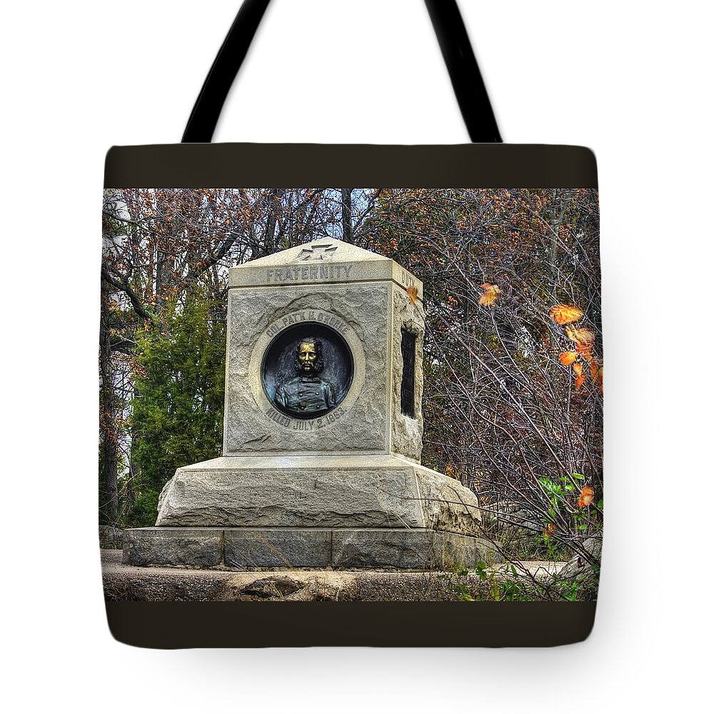 Civil War Tote Bag featuring the photograph New York at Gettysburg - 140th NY Volunteer Infantry Little Round Top Colonel Patrick O' Rorke #2 by Michael Mazaika