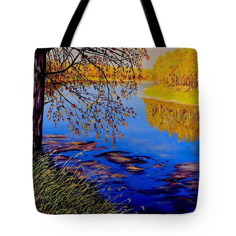 Blue Tone Tote Bag featuring the painting October Afternoon by Sher Nasser