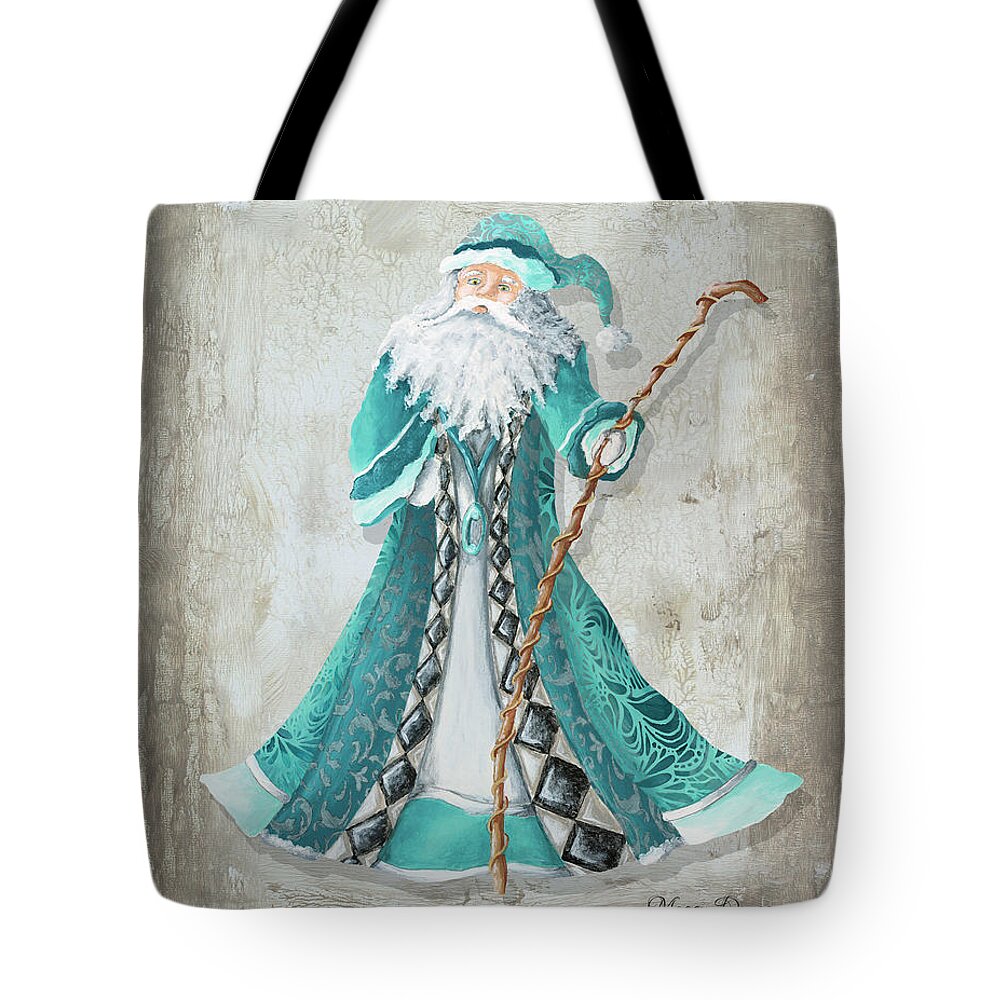 Santa Tote Bag featuring the painting Old World Style Turquoise Aqua Teal Santa Claus Christmas Art by Megan Duncanson by Megan Duncanson