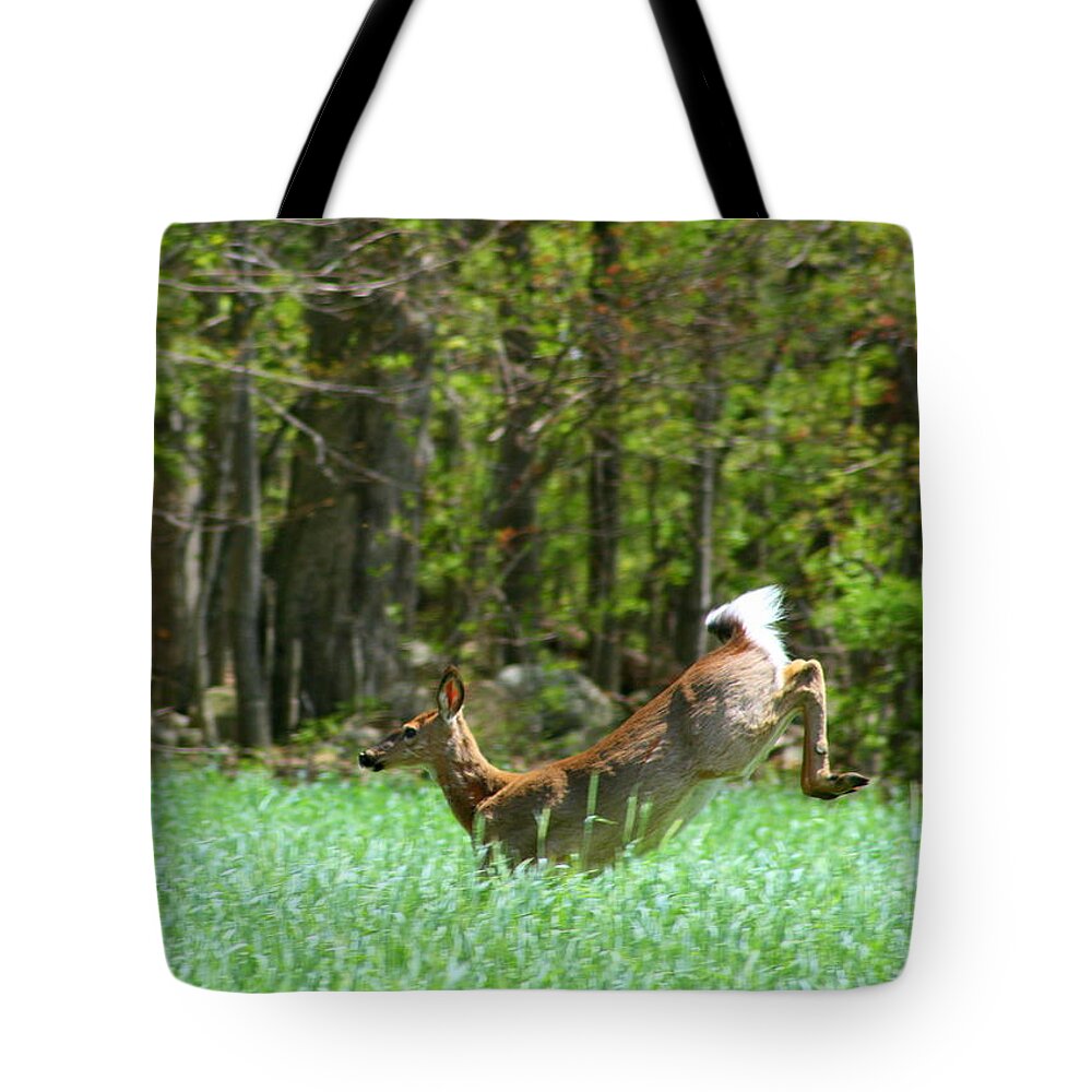 Deer Running Tote Bag featuring the photograph On the Run by Neal Eslinger
