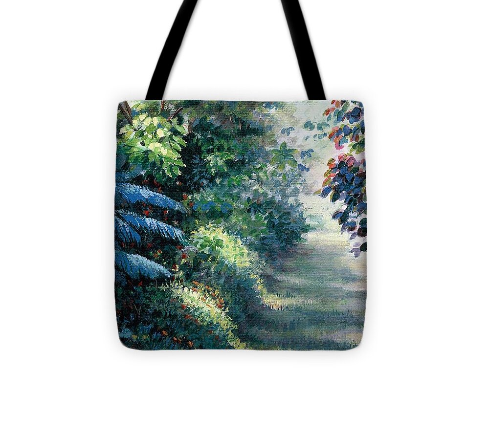 Gardens Tote Bag featuring the painting The Path in my garden by Laila Awad Jamaleldin