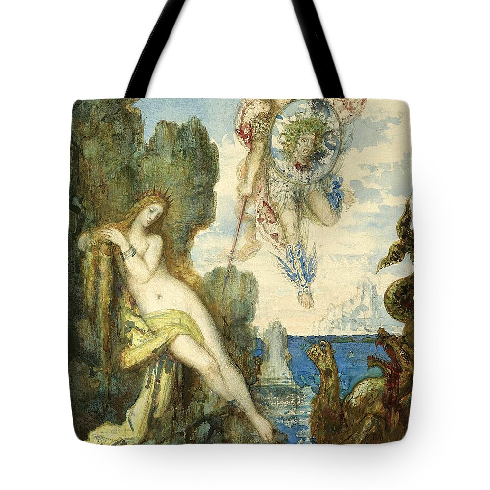 Gustave Moreau Tote Bag featuring the painting Perseus and Andromeda #1 by Gustave Moreau