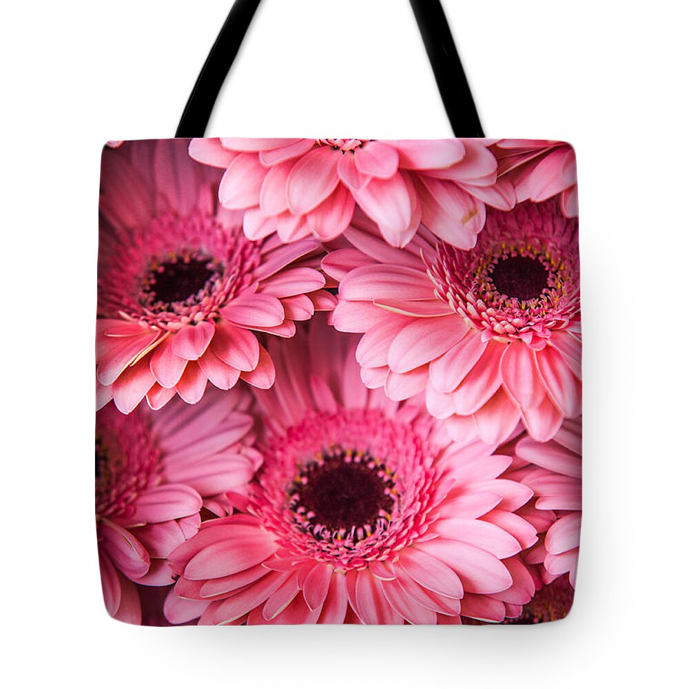 Gerbera Tote Bag featuring the photograph Pink Peach Gerbera. Amsterdam Flower Market #1 by Jenny Rainbow