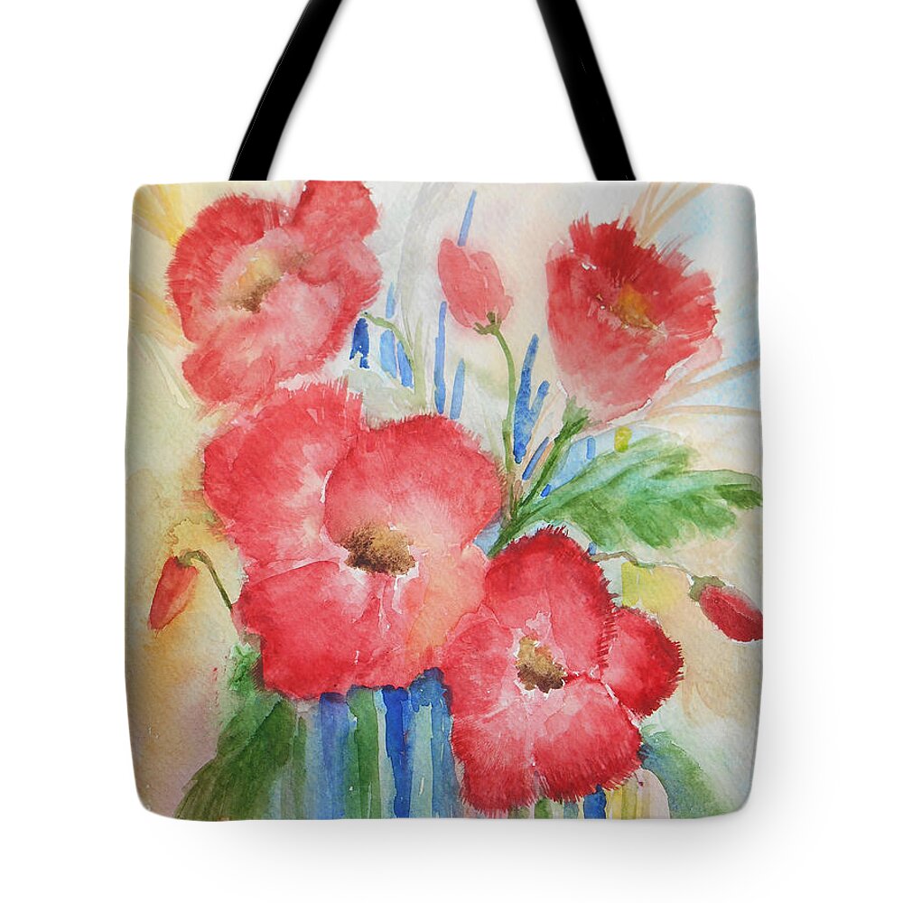 Red Tote Bag featuring the painting Poppies #2 by Christine Lathrop