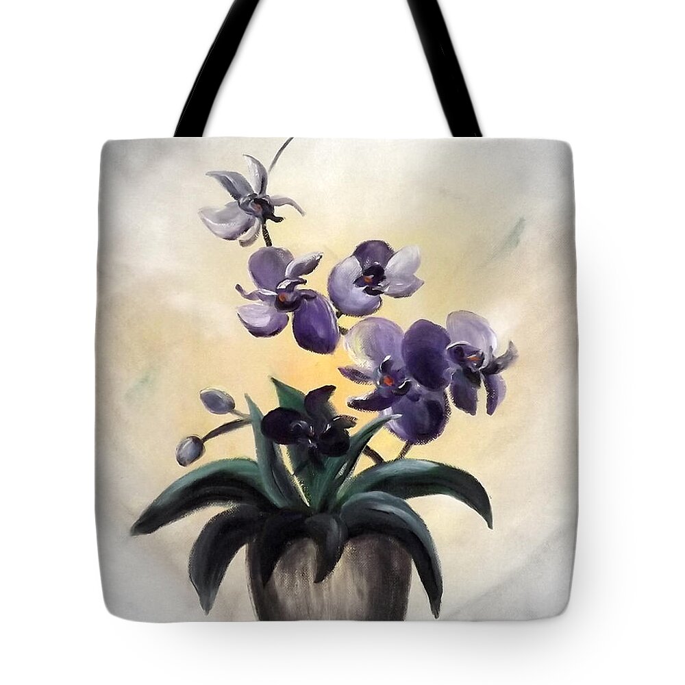 Blue Orchids Tote Bag featuring the painting Purple Orchids 2 #1 by Gina De Gorna