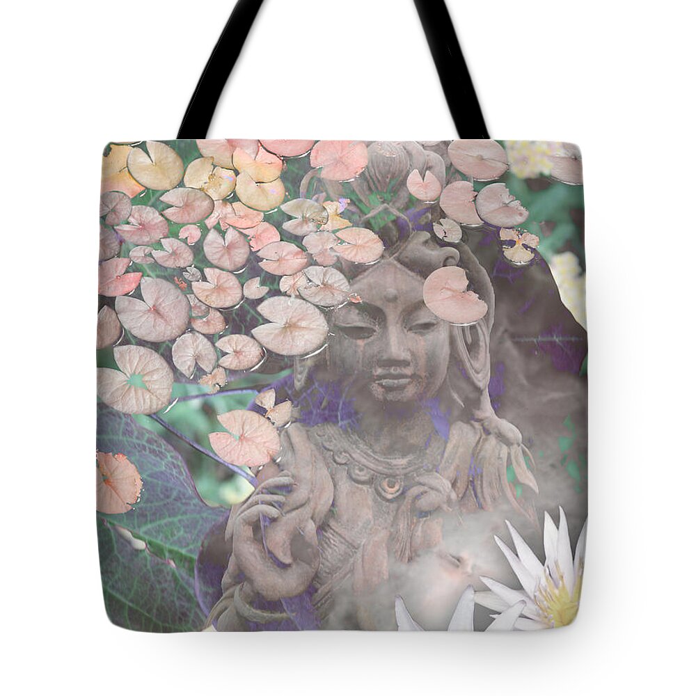 Kwan Yin Tote Bag featuring the mixed media Reflections by Christopher Beikmann