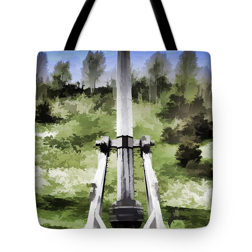 Castle Tote Bag featuring the digital art Replica of wooden trebuchet at Urquhart Castle #1 by Ashish Agarwal