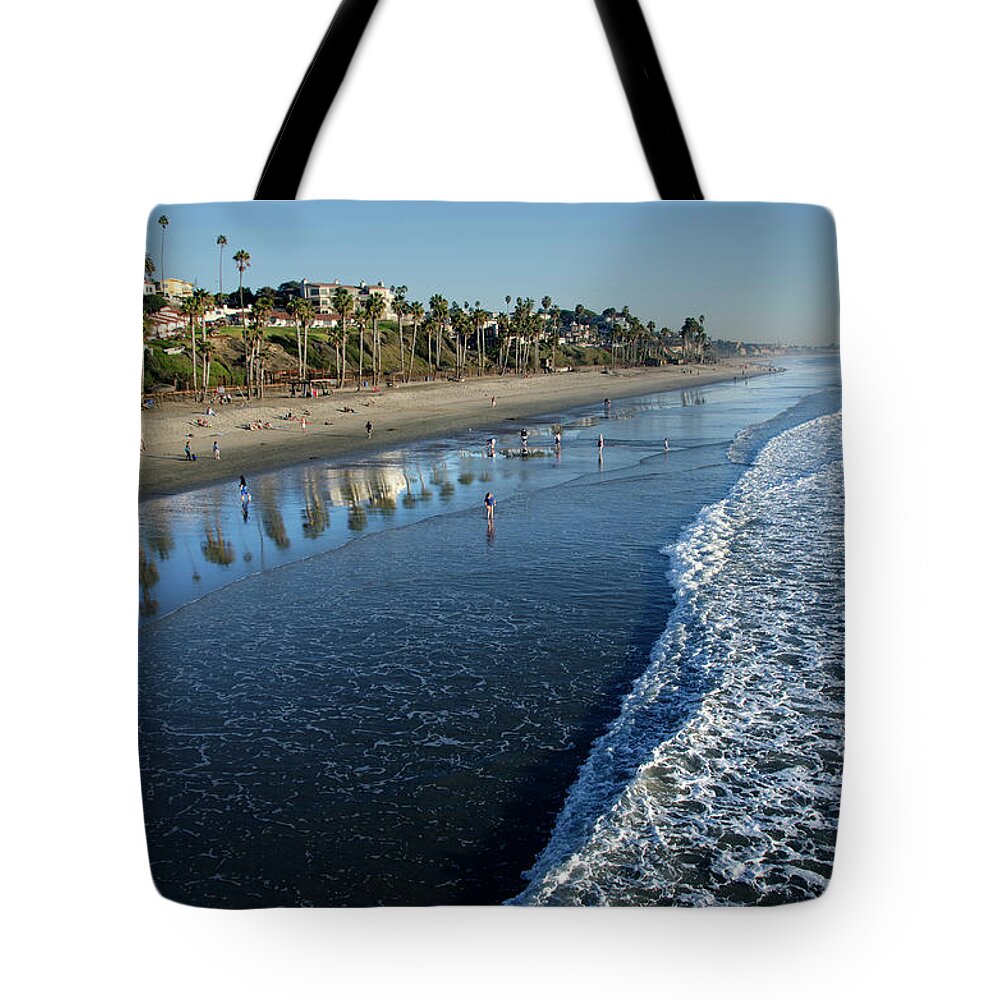Water's Edge Tote Bag featuring the photograph San Clemente Beach #1 by Mitch Diamond