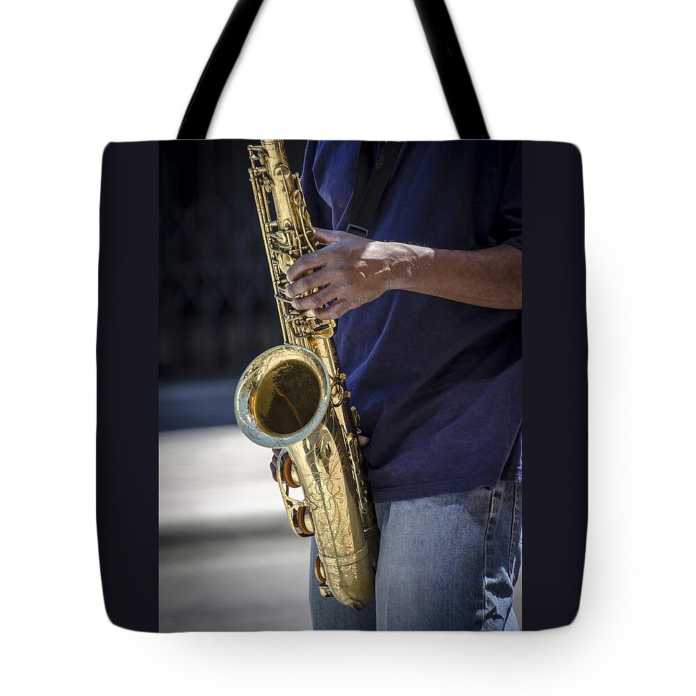 Saxophone Tote Bag featuring the photograph Saxophone Player on Street #2 by Carolyn Marshall