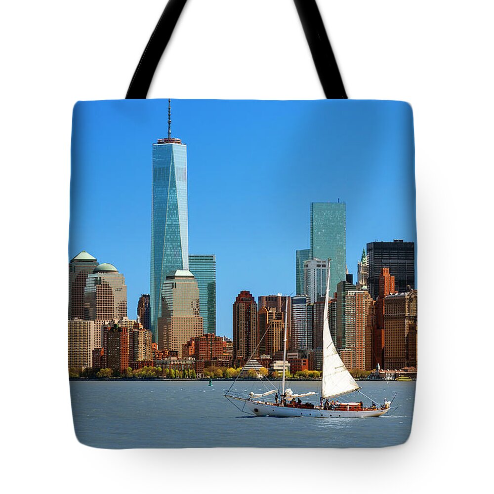 Lower Manhattan Tote Bag featuring the photograph Skyline Of New York With One World #1 by Sylvain Sonnet