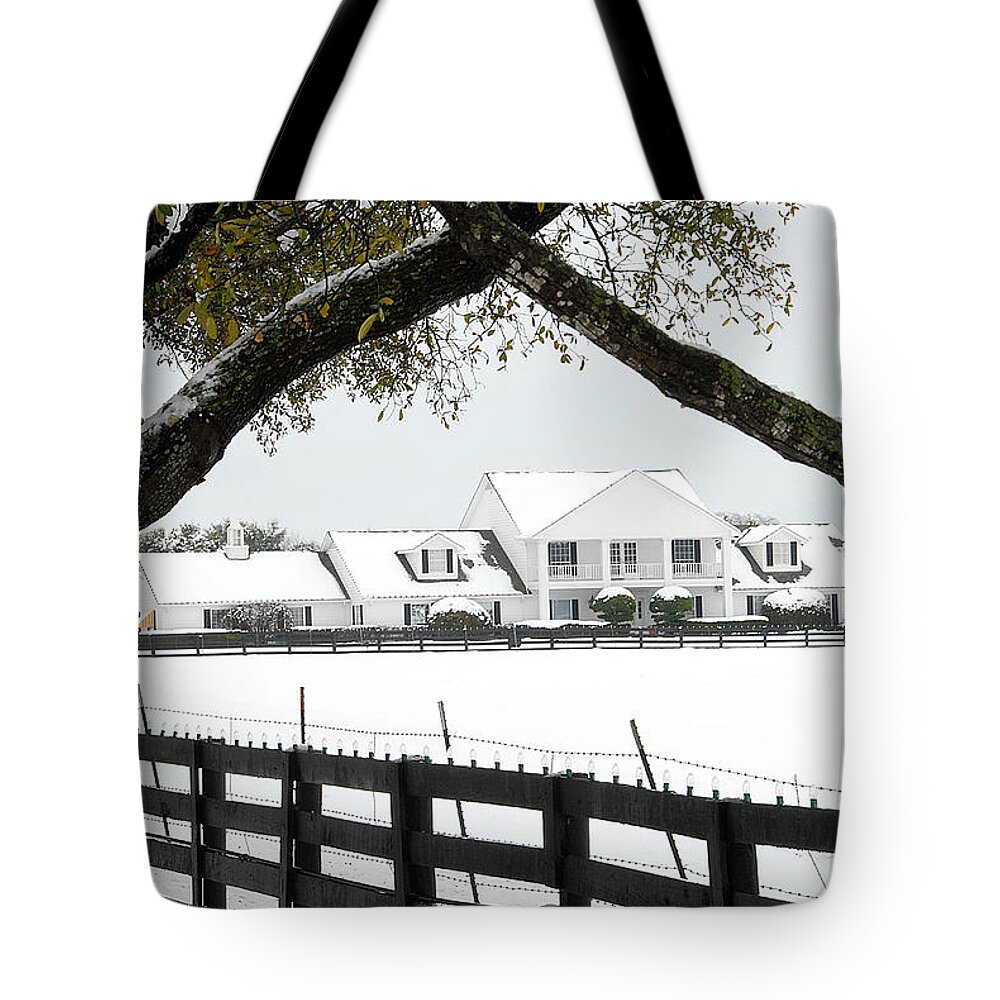 Southfork Tote Bag featuring the photograph Southfork Ranch in Winter #1 by Dyle  Warren