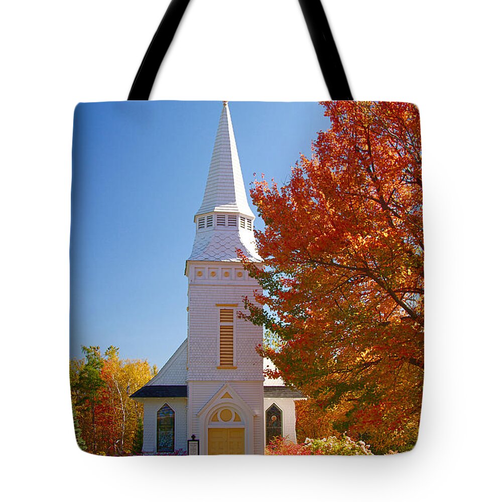 Autumn Foliage New England Tote Bag featuring the photograph St Matthew's in Autumn splendor #2 by Jeff Folger