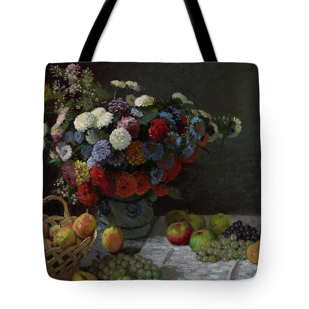 Claude Monet Tote Bag featuring the painting Still Life with Flowers and Fruit #3 by Claude Monet