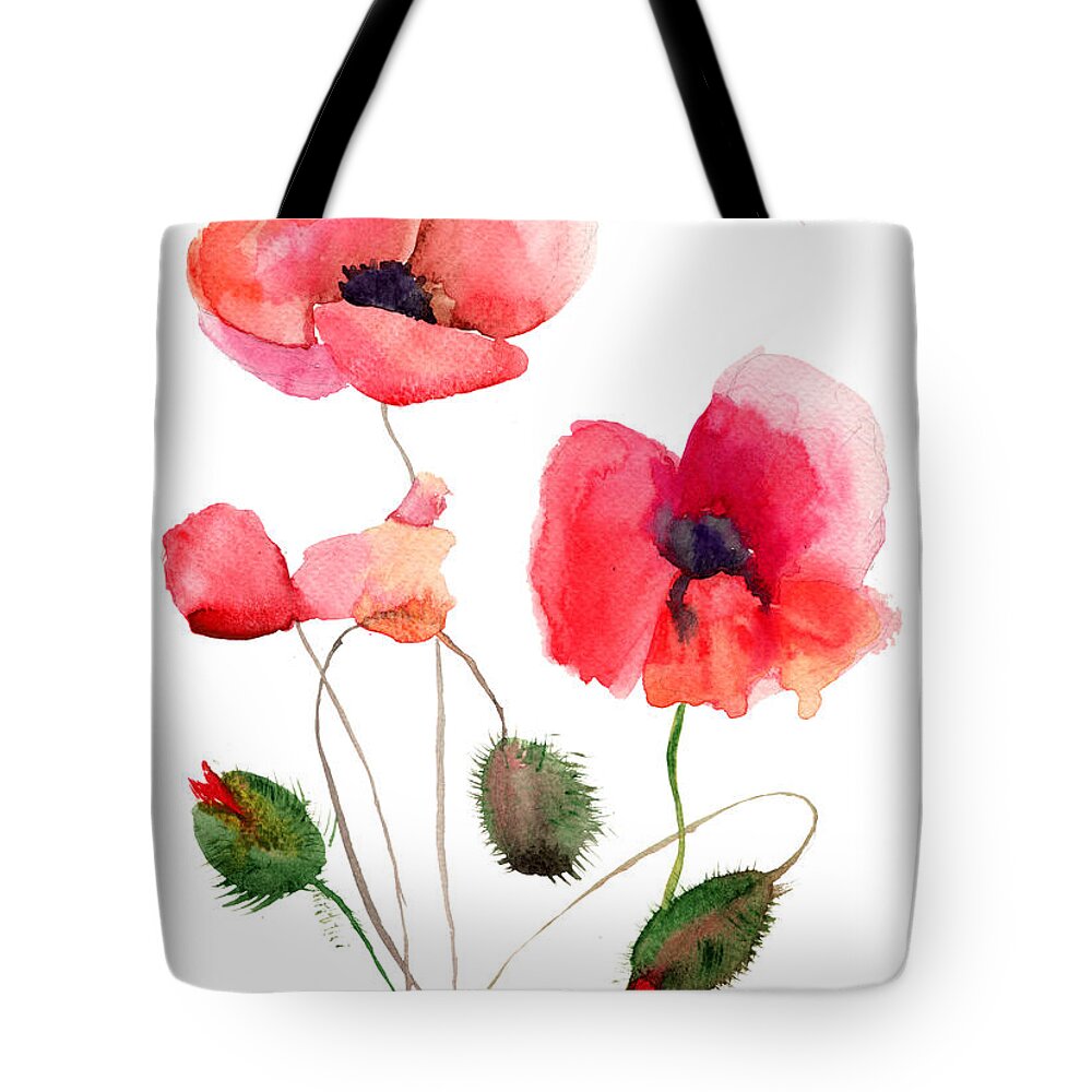 Art Tote Bag featuring the painting Stylized Poppy flowers illustration #1 by Regina Jershova